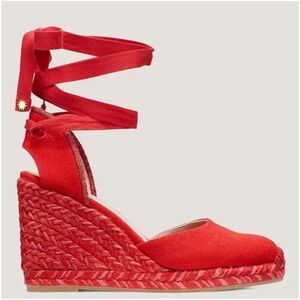 Stuart Weitzman Marguerita Canvas Espadrille Wedge Red Ankle Wrap Sandals Siz 10